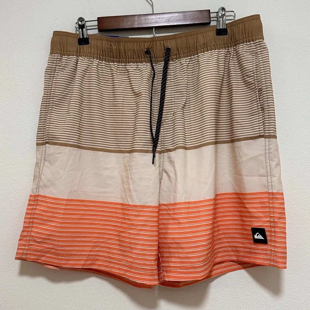 Quiksilver Swim Trunks Mens Large Tan Orange New Striped 7 Inseam Board Shorts